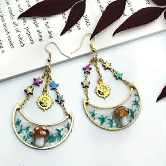 Drop Gold Plated Earrings Sun, Moon And Star Design - Picture 1 of 6